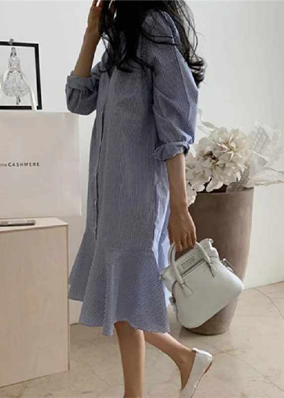 Huge Discounts This Week Women Blue Striped Peter Pan Collar Ruffles Cotton Shirt Dress Spring