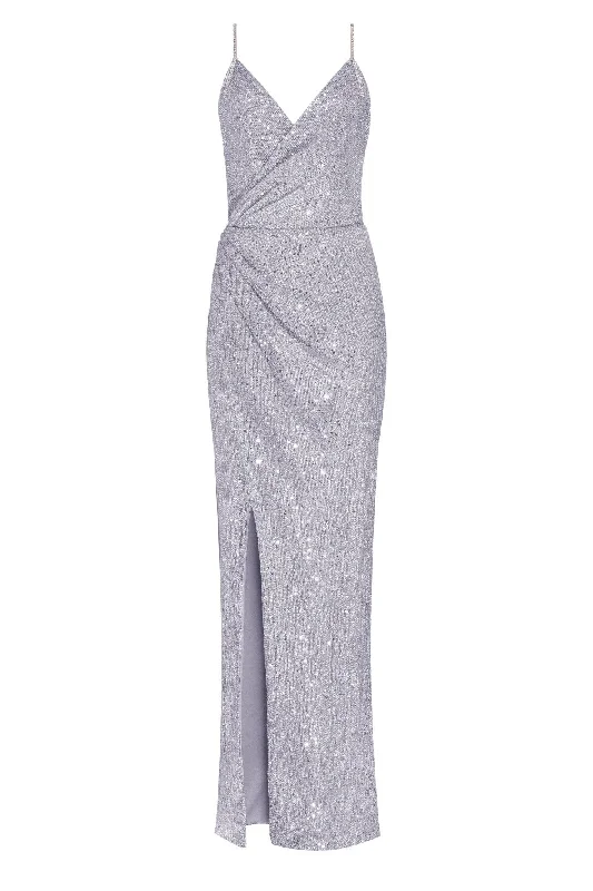 Premium Fabrics Spaghetti straps silver sparkling wrapped maxi dress