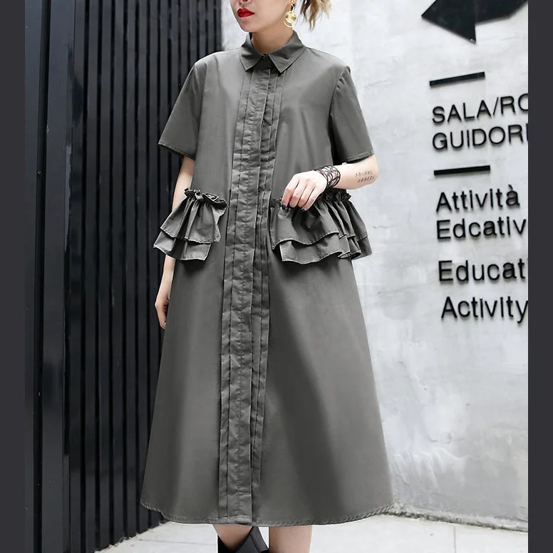 Season Appropriate Women's Collection Elegant gray green cotton knee dress oversize traveling clothing 2018 lapel collar ruffles cotton clothing dresses