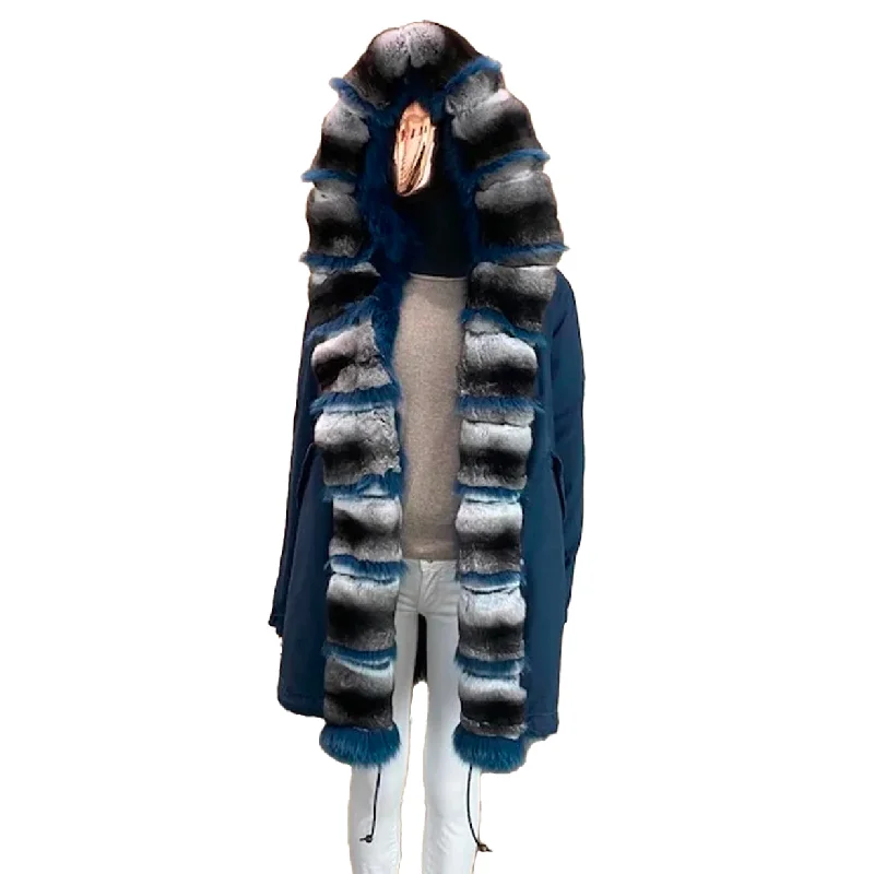 Eclectic Fashion Stone Blue Navy Zarina Parka Midi With Fur Stone Blue Navy/natural/navy