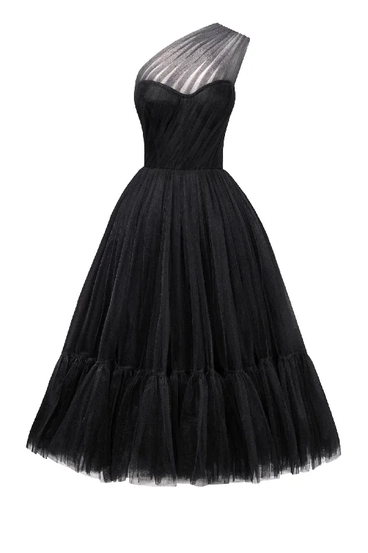 Versatile Wardrobe Essentials Black One-Shoulder Cocktail Tulle Dress