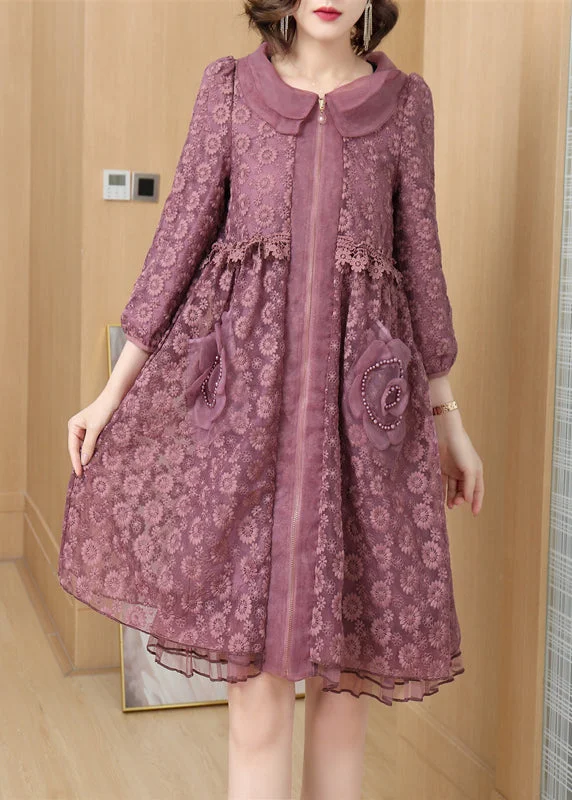 Women's Fashion Hotspots Italian Purple Peter Pan Collar Zip Up Patchwork Lace Dress Fall