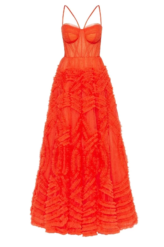 Exclusive Discount Tangerine Tulle Ornament Maxi Dress