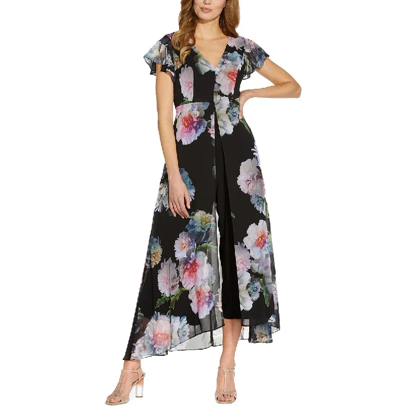 Online Impressions Boutique Adrianna Papell Womens Plus Chiffon Overlay Floral Jumpsuit