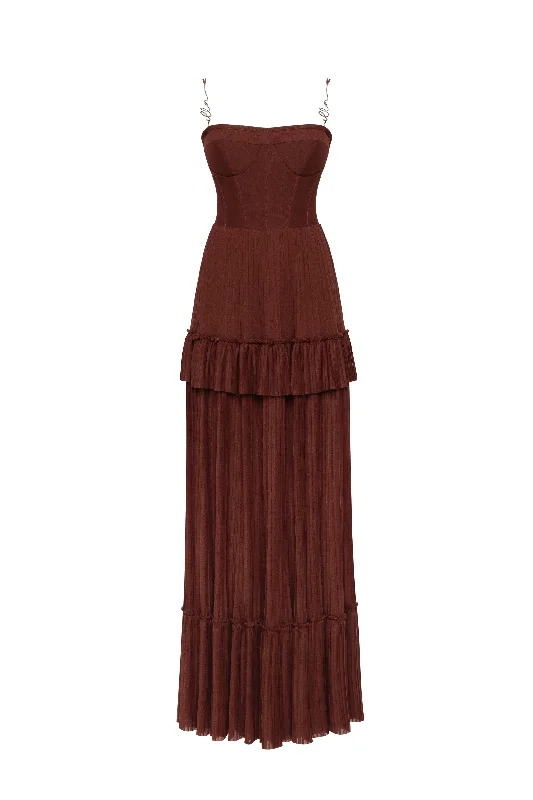 Premium Quality Garments Chocolate spaghetti strap pleated maxi dress, Garden of Eden