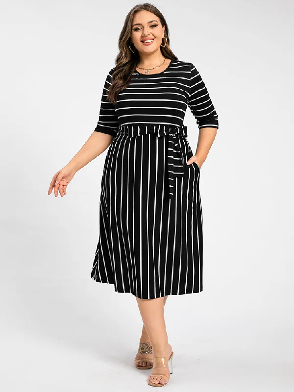 High-Quality Women's Fashion Dresses Plus Stripe Pattern Round Neck Tie Side Midi Dress