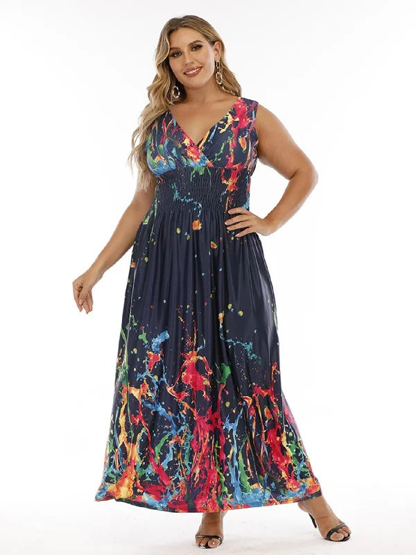 Innovate Your Wardrobe KittenAlarm - Plus Size Double V-neck Print Smocked Waist Maxi Dress