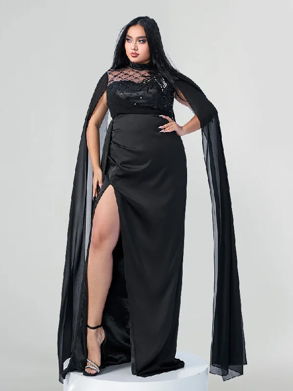 Clothes Of Woman Plus Black Sequin Embellished High Slit Satin  Sheer Cape Sleeves Maxi Dress