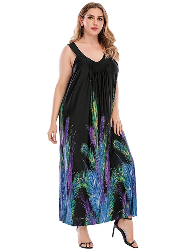 Limited Time Offer KittenAlarm - Plus Size Black with Feather Print V-neck Dress