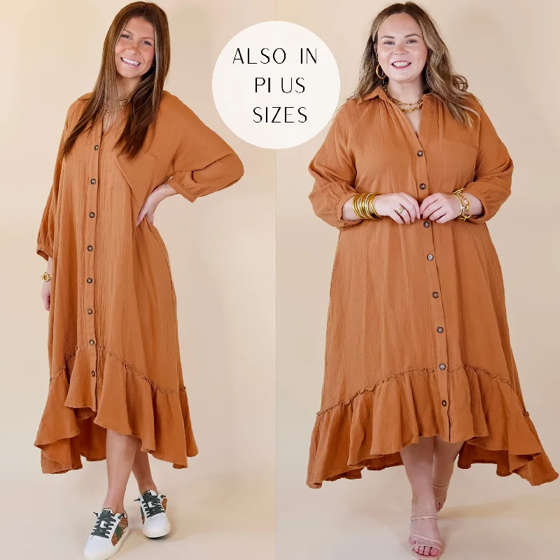 Trendy Outfits For Ladies New England Nights Button Up Ruffle Hem Midi Dress in Camel