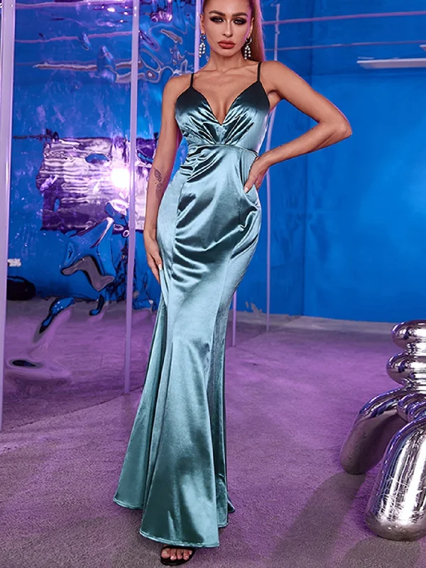 Latest Fashion for Women KittenAlarm - Plunging Neck Backless Mermaid Hem Satin Prom Dress