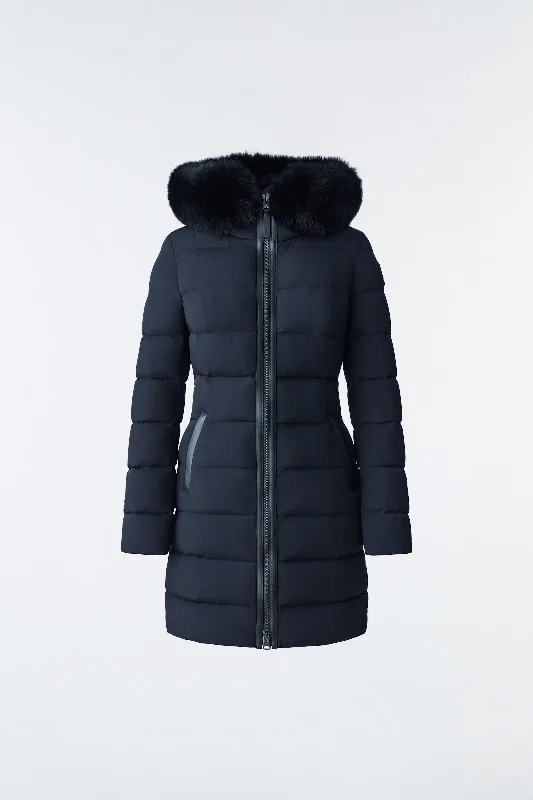 Chic Casual Style CALLA Agile-360 stretch light down coat with blue fox fur collar Black