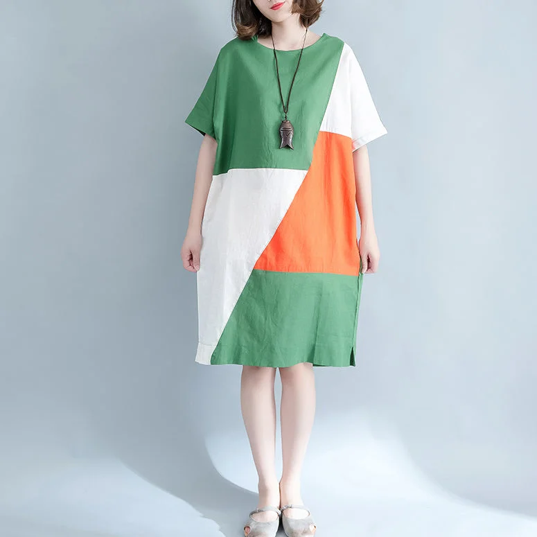 Chic & Cozy Collection fine green Midi linen dresses plus size clothing shirt dress Elegant o neck patchwork linen dresses