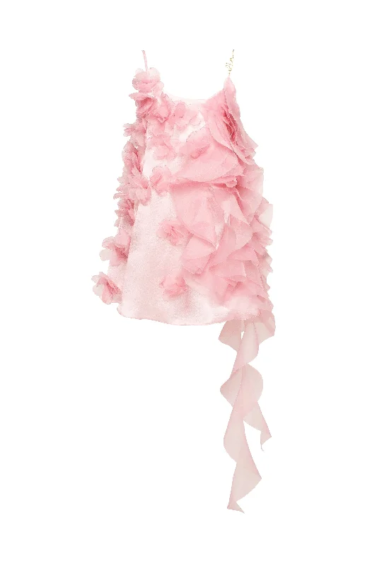 New Arrivals Romantic ruffled pink mini dress with rose appliques, Garden of Eden