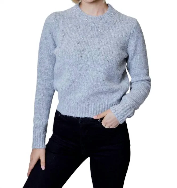 High Street Women's Fashion for Trendy Shoppers Long Sleeve Embellished Sweater In Heather Stone