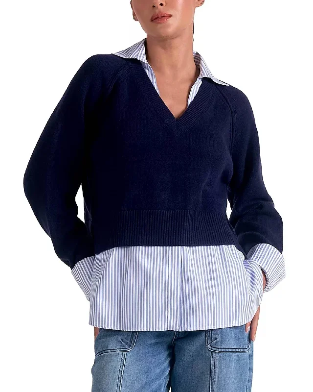 Timeless Elegance Stevie Layered Sweater/striped Shirt Combo In Navy