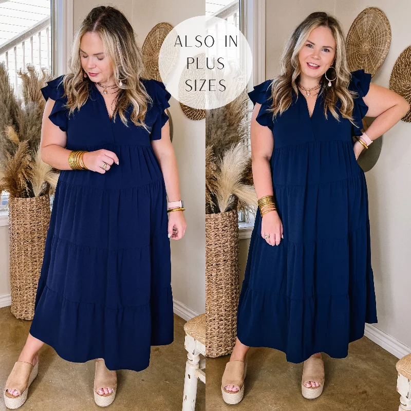 Casual Fashion All Of A Sudden Tiered Midi Dress with Ruffle Cap Sleeves in Navy Blue