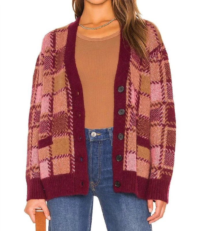 Affordable Online Boutique 90S Oversized Cardigan In Mulberry Plaid