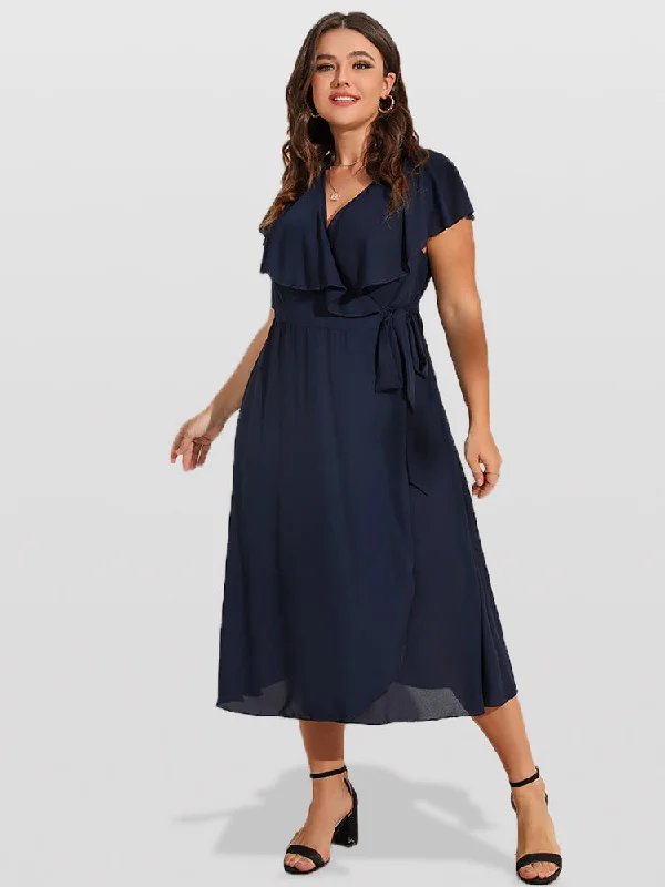 Imeless Style Plus Blue Crisscross Ruffle Wrap Maxi Dress