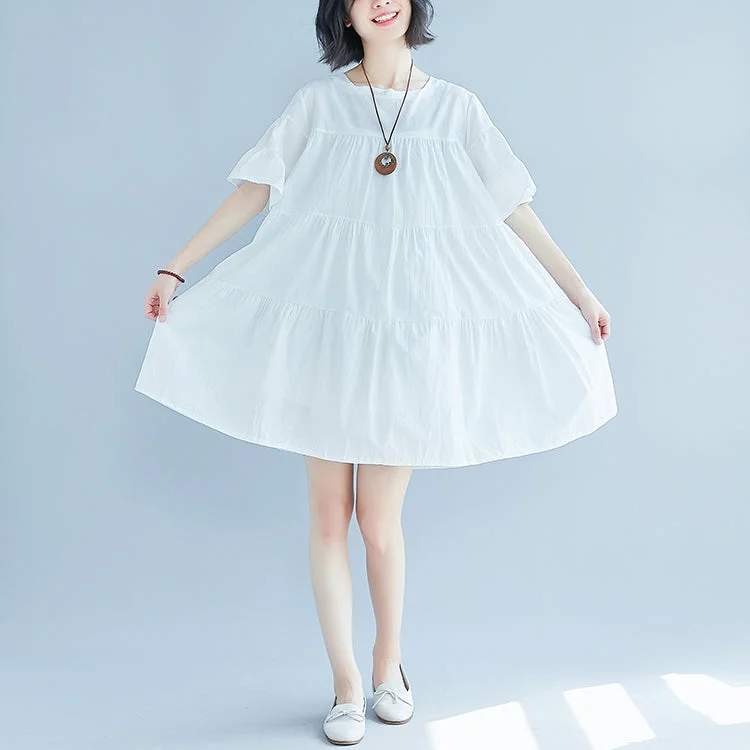 City Fashion vintage white plus size casual dress casual trumpet sleeves a line skirts o neck cotton dress