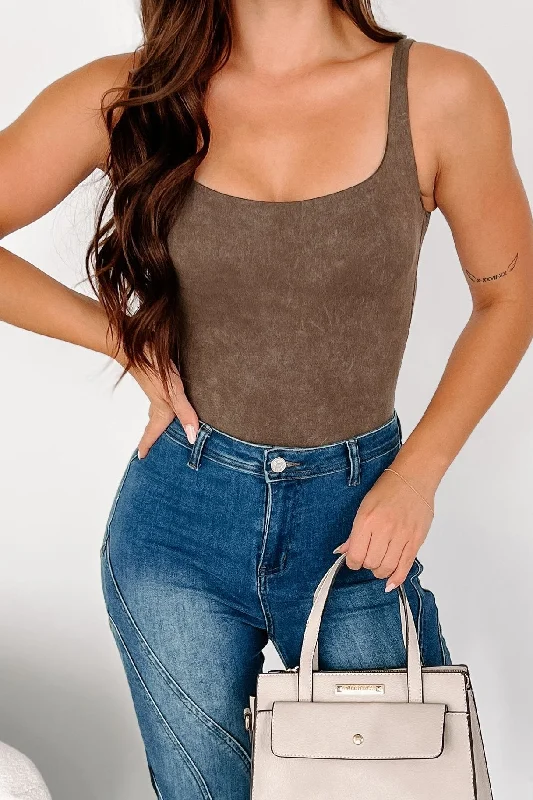 Runway Inspired Wear Casual Tendencies Washed Tank Bodysuit (Brown)