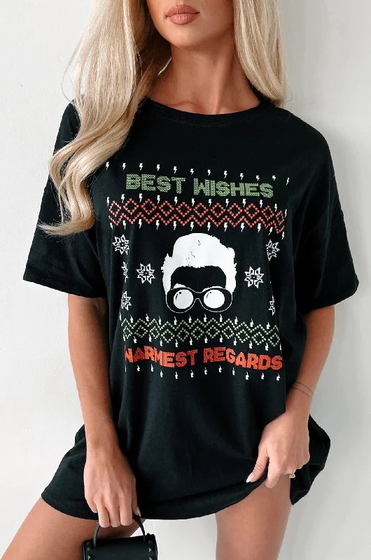 Comfort First Women's Fashion "Best Wishes, Warmest Regards" Oversized Graphic T-Shirt Dress (Black) - Print On Demand