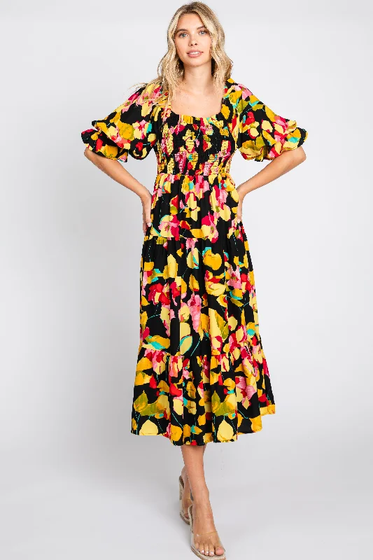 Limited Time Deal Black Floral Puff Sleeve Midi Dress