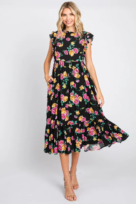 Casual Wear Black Floral Ruffle Shoulder Tiered Midi Dress