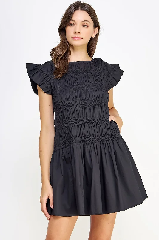 Casual Chic Black Smocked Bodice Poplin Mini Dress