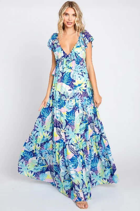 Luxury Fashion Blue Floral Ruffle Accent Maxi Dress