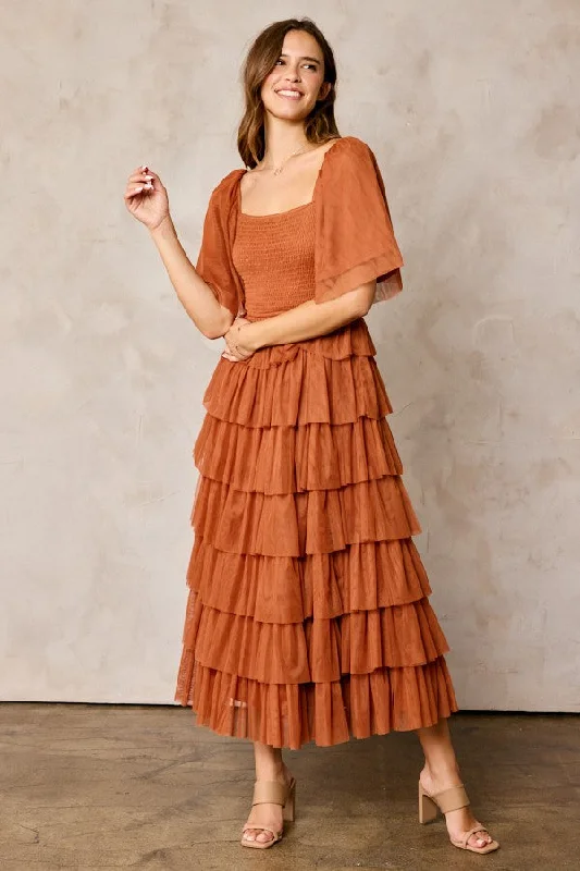 New Arrival Discounts Camel Tulle Smocked Square Neck Tiered Midi Dress