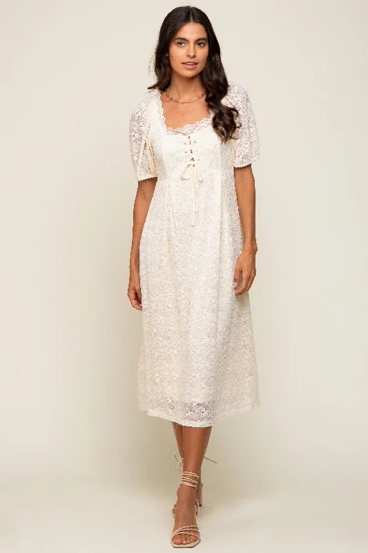 Clearance Event Cream Lace Cutout Midi Dress