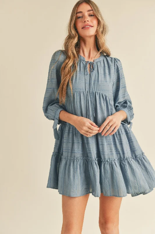 Trendy Outfits For Girls Dusty Denim Blue Tiered Long Sleeve Mini Dress