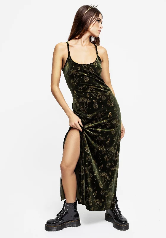 The Latest Trends Faefire Foil Print Velour Maxi Slip Gown - Green