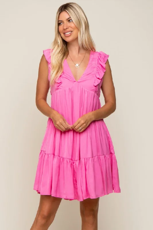 End Of Season Sale Fuchsia Satin Ruffle V-Neck Tiered Dress