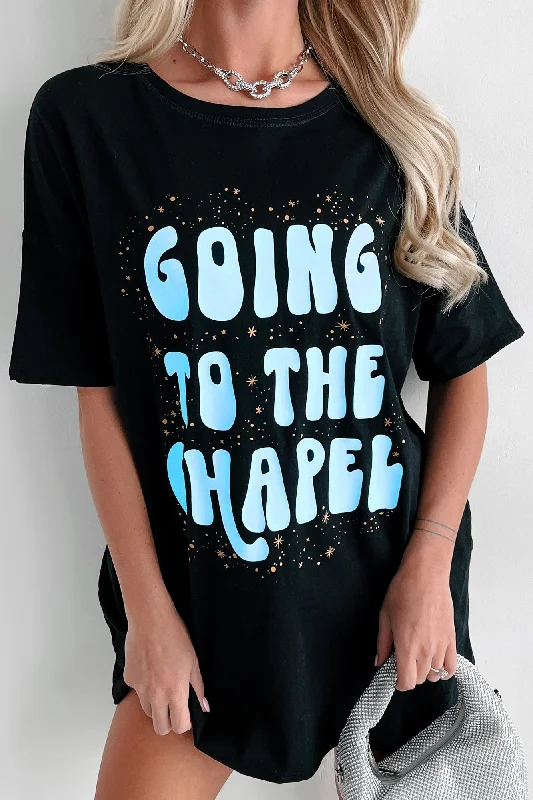 Catch Every Fashion Trend "Going To The Chapel" Oversized Metallic Graphic T-Shirt Dress (Black) - Print On Demand