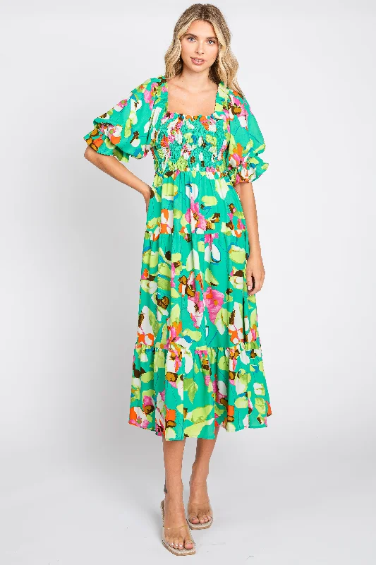 Stylish Women's Apparel Green Floral Puff Sleeve Midi Dress