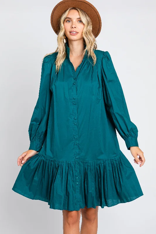 Exclusive Sale Hunter Green Button Down High Neck Long Sleeve Dress