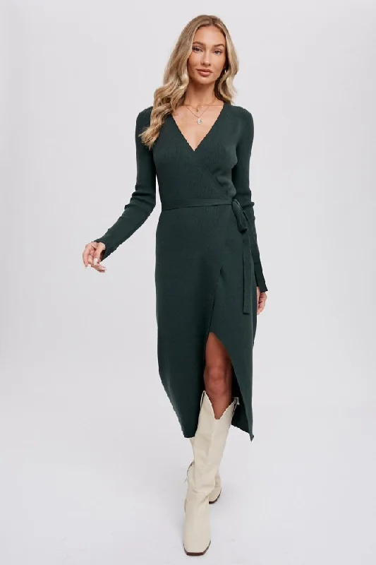 Style Revolution Hunter Green Ribbed Wrap Sweater Dress