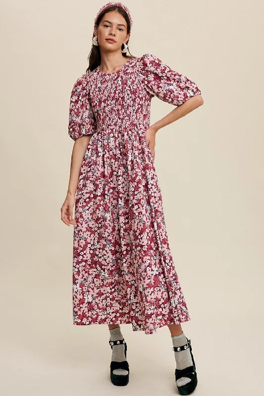 Special Offer Magenta Flower Print Smocked Poplin Maxi Dress