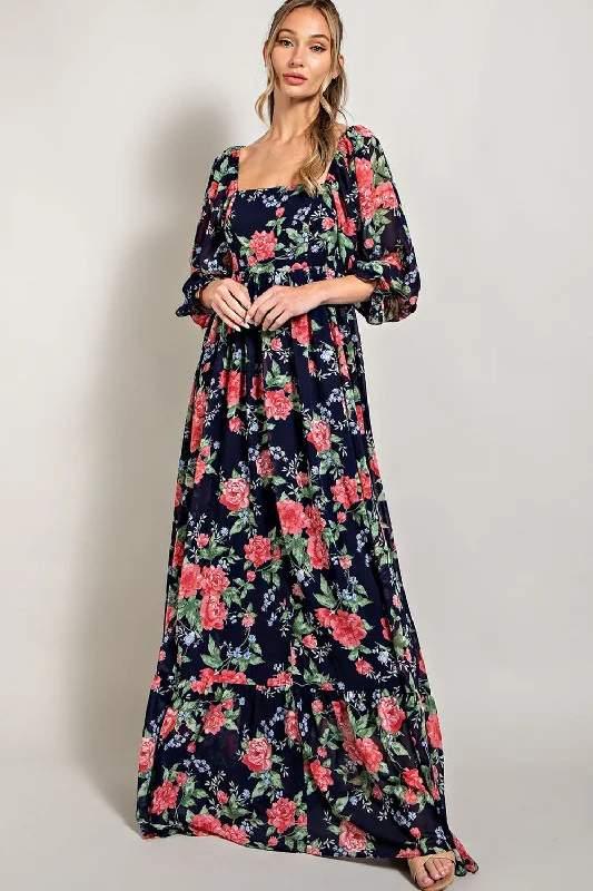 Graceful Fashion Navy Blue Floral Chiffon Square Neck 3/4 Ruffle Sleeve Maxi Dress