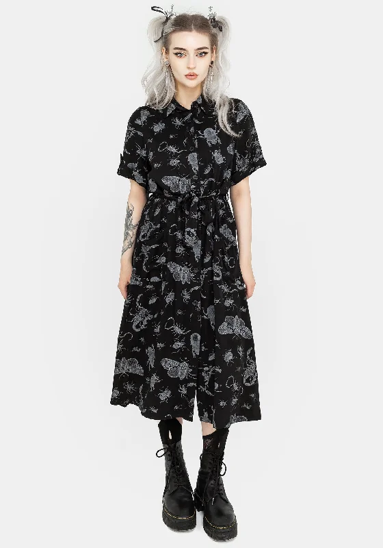 Fashion Forward Parasite Bugs Short Sleeve Midi Shirt Dress - Black