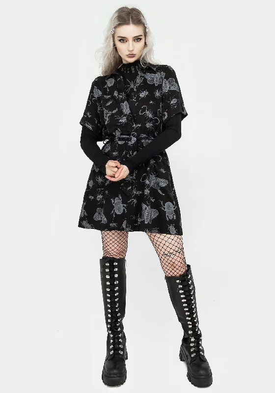 Stylish Looks Parasite Bugs Short Sleeve Mini Shirt Dress - Black