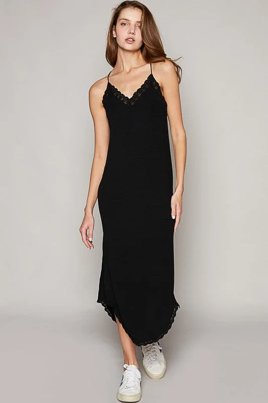 Trendy Threads Toula Lace Trim Midi Dress (Black)