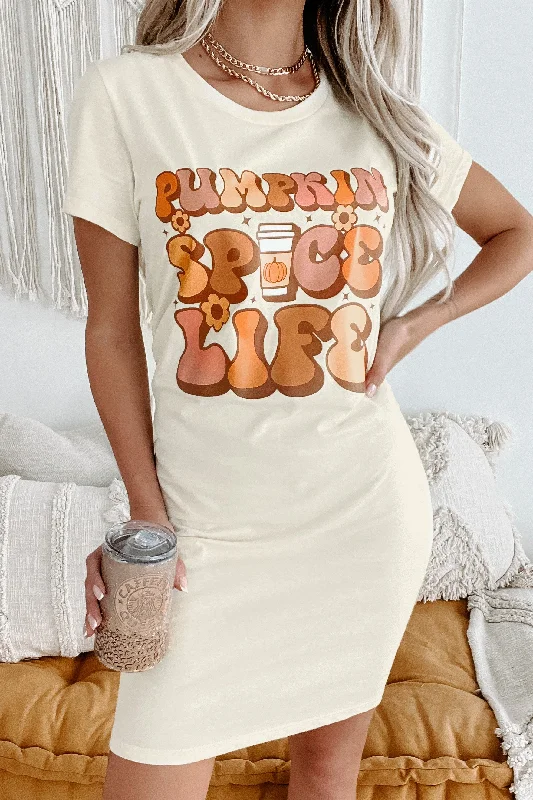 Trend Leading Collection "Pumpkin Spice Life" Graphic T-Shirt Dress (Cream) - Print On Demand