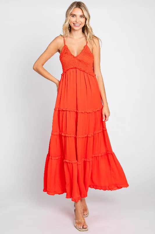 Cool Prices Red Orange Smocked Ruffle Tiered Maxi Dress