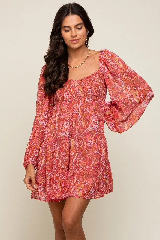 Big Savings Red Paisley Tiered Long Sleeve Mini Dress