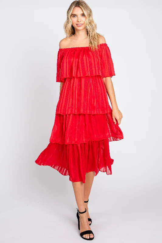 Fashion Essentials Red Striped Layered Midi Dress