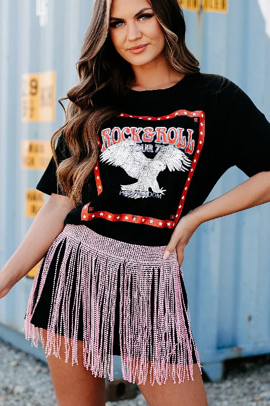 Trendy Women's Collection "Rock & Roll Tour" Oversized Graphic T-Shirt Dress (Black) - Print On Demand