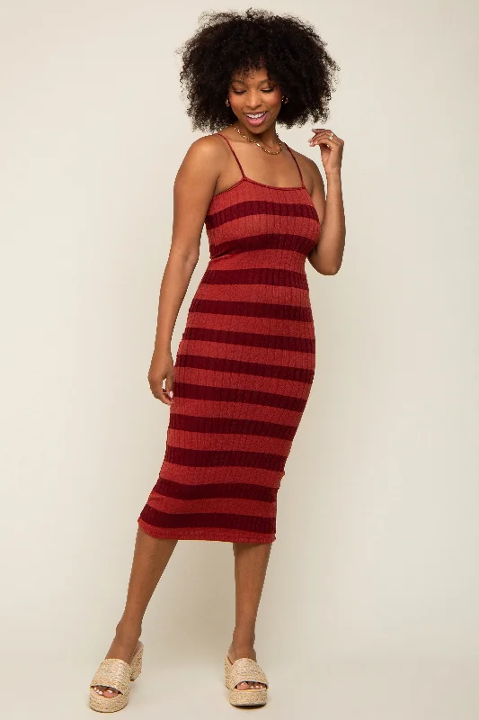 Versatile Wardrobe Essentials Rust Striped Rib Knit Midi Dress